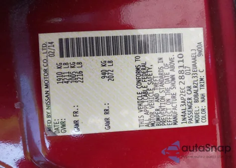 2014 Nissan Altima 2.5 S z USA, uszkodzony, nr VIN 1N4AL3AP2EC288110